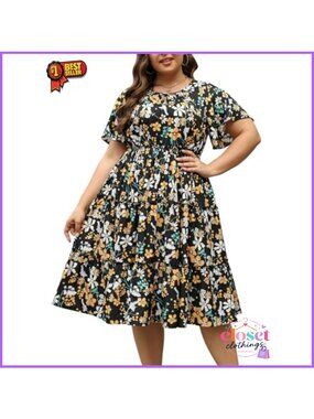 Plus Size Midi Dress Swing Layered Ruffle Flutter Sleeve Pockets Casual